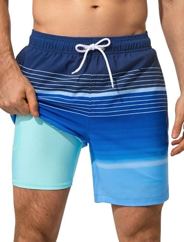 SILKWORLD Quick Dry Swim Trunks Men, Stripes Navy Blue, L