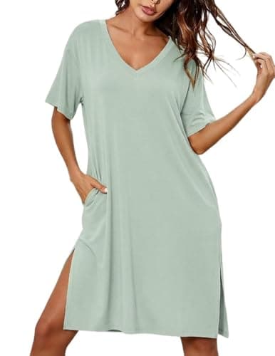 Ekouaer Bamboo Viscose Night Gown Plus Size Sleep Shirt Oversized Pajamas for Women Night Shirt Nightgown Light Green 2XL