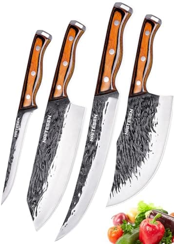 Naitesen 4PCS Hand Forged Butcher Knife and Kitchen Knife 2 in 1 Set, Heavy Duty Meat Cleaver Serbian Chef Knife Breaking Knife Boning Knife for Meat Cutting BBQ Gifts for Men Women