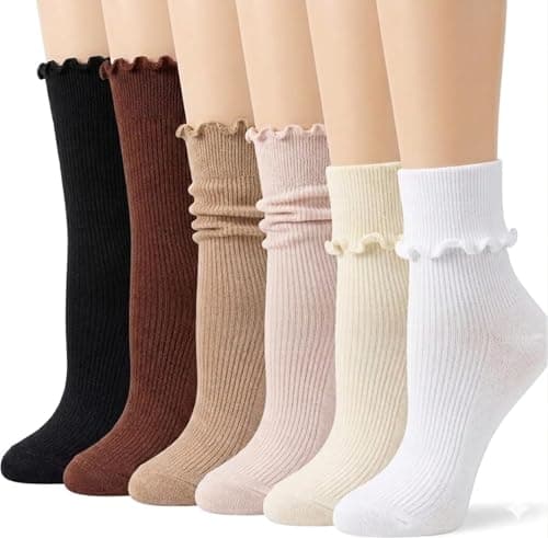 ZOKSX Ruffle Socks for Women, 6 Pairs Frilly Crew Socks, Cute & Comfortable