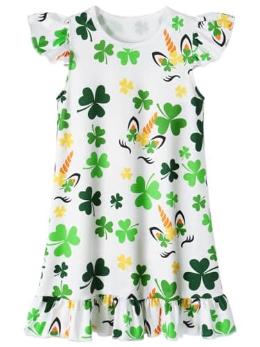 COTRIO Girls St.Patrick Dress Toddler Nightgowns Kids Clover Pajamas Shamrock Night Dress Flutter Night Gowns Sleep Clothes Nightshirt Size 10 (9-10 Years, White)