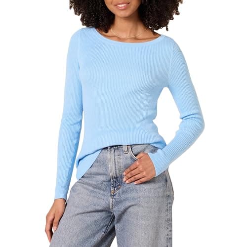 Amazon Essentials Women's Lightweight Ribbed Long-Sleeve Boat Neck Slim-Fit Sweater, Sky Blue, Medium