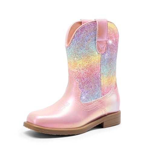 DREAM PAIRS Toddler Little Boys Girls Cowboy Boots Kids Western Square Toe Riding Mid Calf Boots,Size 5 Toddler,Pink/Rainbow,SDBO2307K