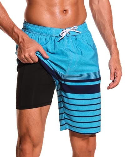 SILKWORLD Mens Swim Trunks 9 Inch Inseam Stretch Quick Dry Board Shorts with 2 in 1 Compression Liner and Zip Pockets Swimwear, Royal Blue+Navy, Small