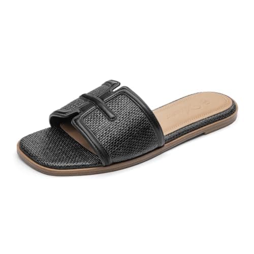 Athlefit Flat Sandals Women Summer Beach Slide Sandals Black Raffia 7.5