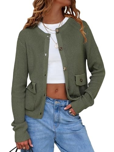 EXLURA Womens 2025 Knit Cardigan Sweaters Spring Fall Crewneck Open Front Button Jacket Fashion Outerwear Coats with Pockets Green