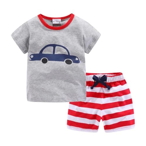 Mud Kingdom Jersey Short Sets for Toddler Boys Summer Holiday 4T Gray Car Stripe