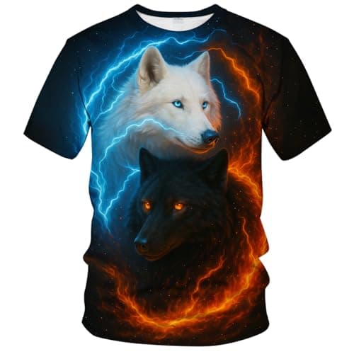 Blissboy Yin Yang Wolf T-Shirt, White & Black Wolf Graphic Tee, Blue Orange Lightning Fantasy Animal Shirt,White Black,2XL