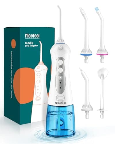 Nicefeel Water Flosser, 300ML Portable Water Dental Pick Cordless for Teeth, Braces, Sensitive Gum, Oral Irrigator for Travel & Home with 5 Jet Tips & 3 Modes, Rechargeable, IPX7 Waterproof, White