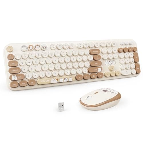 Wireless Keyboard and Mouse Combo, 2.4GHZ Typewriter Retro Full Size Keyboards, Cute Colorful Computer Keyboard and Wireless Mouse for Laptop/Desktop/Windows/PC (Milk Tea Colorful)