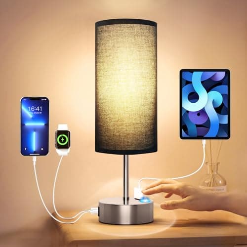 KPQ Bedside Lamp Touch Control Table Lamp with USB A+C Charging Ports & AC Outlet 3-Way Dimmable Nightstand Lamp with Linen Fabric Shade (Black Shade-Silver Base, 14" Small Size Touch Control)
