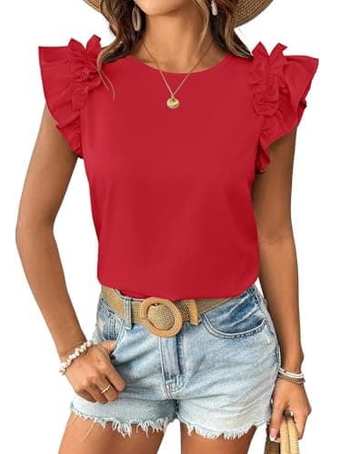Summer Tops for Women 2026 Trendy Ruffle Short Sleeve Tops Casual Cute Loose Fit T-Shirts Crew Neck Fashion Dressy Blouses Tee Tops Red M