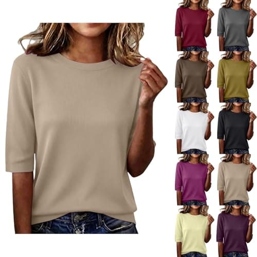 Half Sleeve Tops for Women Elbow Length Crew Neck Loose Blouse Summer Casual Lightweight Plus Size 3/4 Sleeve Shirts Ladies Spring Outfits Beach Vacation Boho Cruise Wear Soft Cute Clothes Khaki L