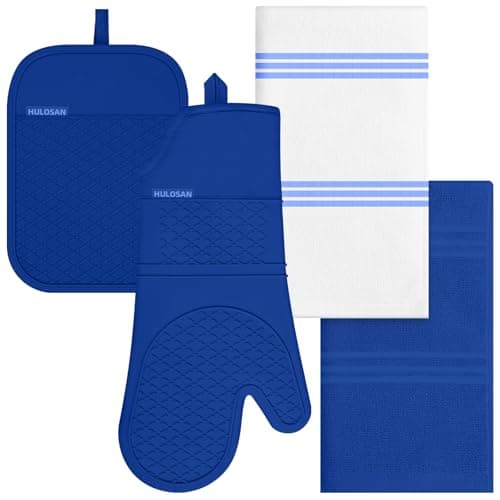 Oven Mitt and Pot Holders Sets, Quilted Cotton Terry Cloth,Non-Slip Pot Holder, Silicone Oven Mitt Heat Resistant, Oven Mittens 7.3"x14.2", Hot Pad 7"x10" & Dish Cloths 13"x25"