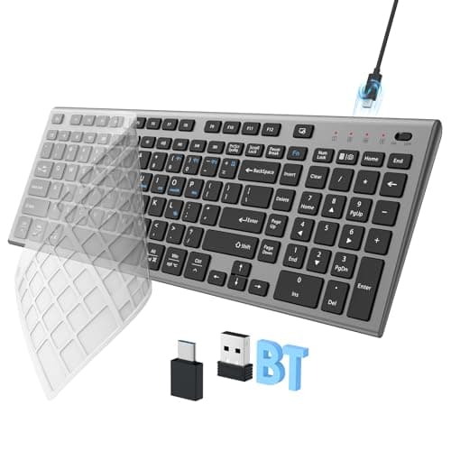 FENIFOX Wireless Keyboard Rechargeable, Bluetooth or 2.4G USB C Black Grey