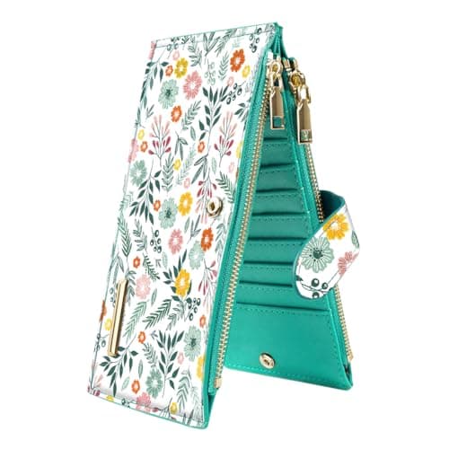 Coco Rossi Green Daisy Womens Wallet RFID Blocking Leather Bifold Purse