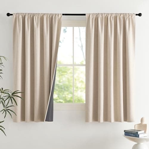 NICETOWN Beige Linen 100% Blackout Curtains, 2 Panels Set, 52 x 63 Inches, Rod Pocket Style, Thermal Insulated Room Darkening Drapes for Bedroom, Living Room, Nursery, Modern Farmhouse Decor