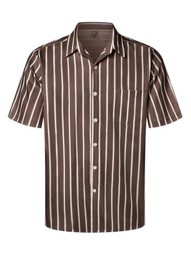 Hardaddy Men's Striped Shirts Casual Short Sleeve Button Down Summer Hawaiian Shirts Striped Brown XL