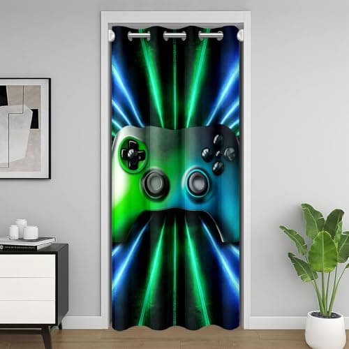 Erosebridal Green Blue Gamepad Door Curtain for Doorway Privacy, Modern Gamer Gaming Curtain for Kids Boys Girls Teens, Neon Trippy, 34" W X 80" L