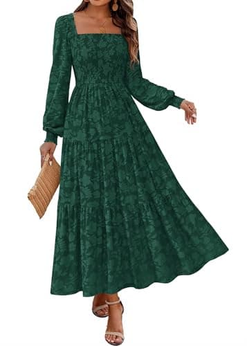 KIRUNDO Wedding Guest Dresses for Women Spring 2026 Long Sleeve Smocked Floral Flowy A Line Boho Maxi Dress Fashion Clothing (Emerald Green, Large)