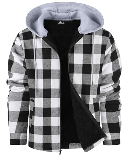 WENTTUO Mens Flannel Plaid Jacket Long Sleeve Fleece Sherpa Lined Winter Jacket Warm Coat
