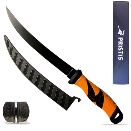 Pristis 9'' Fillet Knife for Fish, Stainless Steel Teflon Coated Blade with Non-Slip Grip Handle, Filet Knife Tackle with Protective Sheath and Sharpener for Fishing Boning Meat Cutting Kitchen
