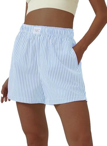 Neecan Women's Striped Shorts Elastic High Waisted Summer Casual Straight Leg Shorts with Pockets Light Blue X-Large