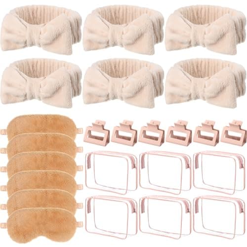Wavyknot 24pcs Sleepover Party Supplies for Woman Spa Slumber Party Favors Spa Headband Plush Sleep Eye Mask Hair Claw Clips Clear Cosmetic Bags for Weekend Trip Graduation Gifts(Khaki)