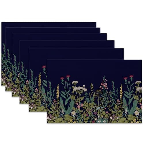 Placemats Set of 6,Wild Flowers Linen Table Mats Green Herbs Botanical Heat Resistant Place Mats Washable Dining Table Mats for Indoor Outdoor Kitchen Decor Easy Clean 12 x 18 Inch