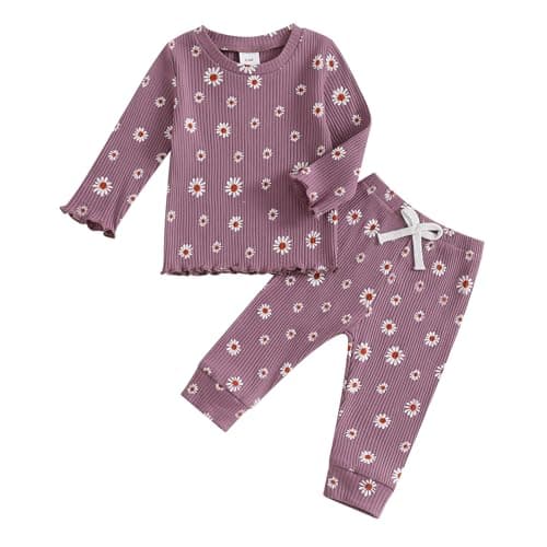 Baby Girl Fall Clothes Set Floral Print Long Sleeve Tops Pants Cute Infant Toddler Outfits 6 12 18 24 Months 2T (Daisy Purple, 12-18 Months)