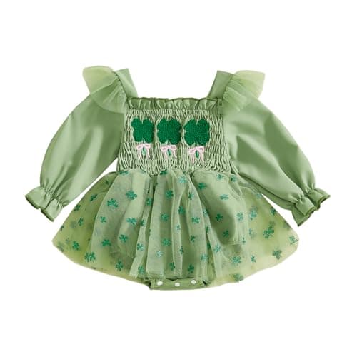 mlpeerw St Patricks Day Baby Girl Outfit Lucky Clover Smocked Romper Dress Tulle Dresses Cute Newborn Irish Spring Clothes (Green, 6-12 Months)