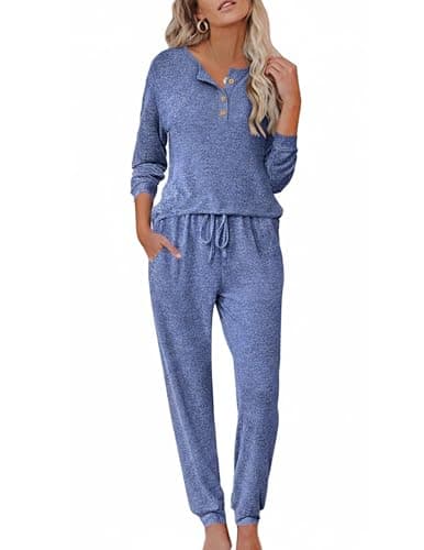 Ekouaer Womens Pajama Sets Long Sleeve Henley Neck Pj Sets Loungewear 2pcs
