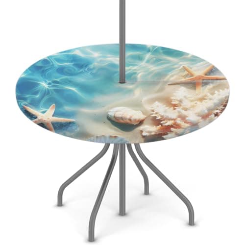 Peaom Summer Sea Beach Starfish Seashell Outdoor Tablecloth with Umbrella Hole, Round Elastic Fitted Table Cloth with Zipper, Waterproof Picnic Patio Table Covers Fits 36-44 in Tables