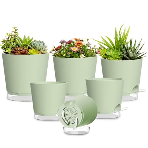SQKH Plant Pots 4/5/5.5/6/6.5/7 Inch Self Watering Pots, 6 Pack Plastic Planters with Drainage Holes and Clear Saucers,Plastic Flower Pots,Nursery Planting Pot for Indoor Out Door Plants (Green)