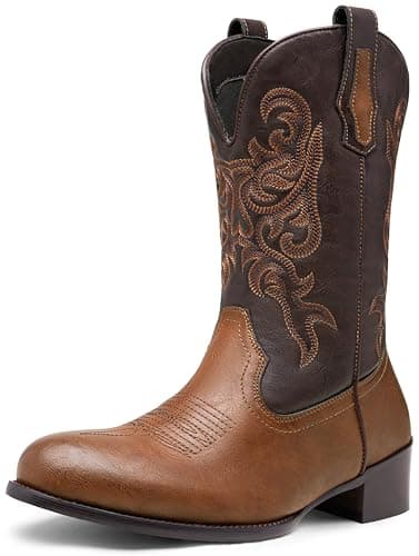 Jousen Cowboy Boots For Men Round Toe Western Slip Resistant Pull on Boot Retro Short Botas (Blockedbrown-11.5)