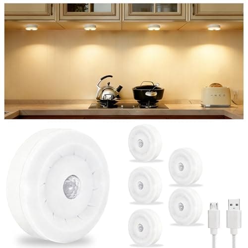 BASON LIGHTING Rechargeable Puck Lights, Wireless Closet Lights Motion Sensor, Automatic Warm White Night Lights for Kitchen, Cabinet, Wardrobe, Hallway, 3000K, 6-Pack.