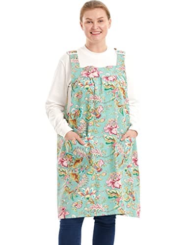 APRONNER No Ties Plus Size Aprons for Women with Pockets Cotton Linen Baking Kitchen Cooking Noble Flower