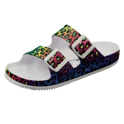 VICT POPU Womens Sandals Adjustable Double Buckle Strap Waterproof EVA Flat Slides Colorful spots 6
