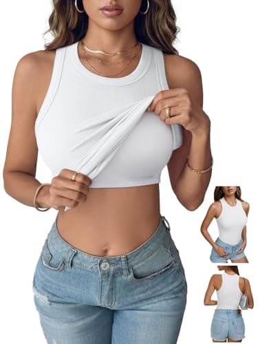 REORIA Women's Built in Bra Tank Tops Racerback Ribbed Padded Sleeveless Shirts Fitted Casual Dressy Cute Summer Cruise Outfits 2026 White Small