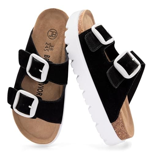 Women's Platform Leather Sandals Summer Slides with Adjustable Buckle