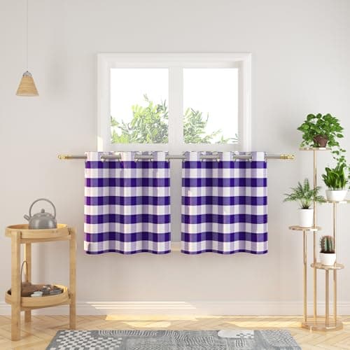 NATUS WEAVER Tier Curtains 24 inches Long Buffalo Check Gingham Plaid Kitchen Window Curtain Panels Small Short Bathroom Grommet Top Window Treatment 2 Panels Purple and White