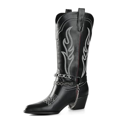 iiimmu Cowboy Boots for Women with Chain, Pointy Toe Chunky Heel Women's Riding Boots with Embroidered, Pull on Style Western Boots, Size 7