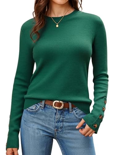 Arach&Cloz Womens Long Sleeve Sweaters 2025 Fall Outfits Trendy Crewneck Cozy Knit Black White Casual Button Halloween Cashmere Chocolate Brown Fashion Tops Winter Dark Green S