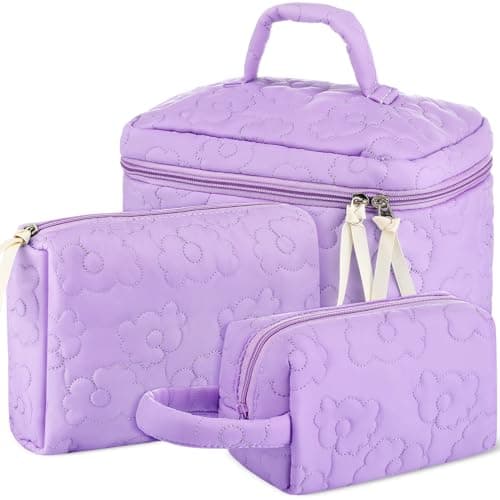 Paterr Makeup Bag Set 3 Pcs Large Quilted Cotton Make up Bags for Women Cosmetic Travel Toiletry Organizer Pouch Cute Aesthetic Storage Purse(Purple,Purple Flower)