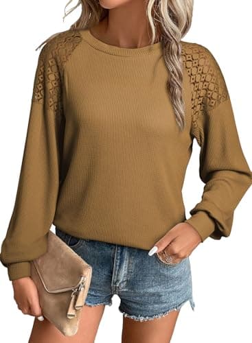 EVALESS Long Sleeve T Shirts for Women Loose Fit Spring Fall Dressy Casual Crewneck Waffle Knit Lace Patchwork Cute Tops for Women 2025 Trendy Basic Tee Outfits Clothes Brown Large