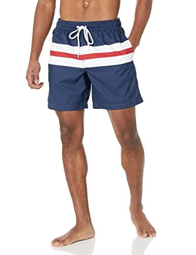 Amazon Essentials Men's 7" Swim Trunks with Mesh Lining, Pockets, Drawstring Closure, Navy Red White Stripe, Large