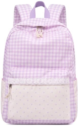 LEDAOU School Backpack for Girls, 15.6 Inch Laptop Backpack, Girls Bookbag Casual Daypack for Middle High School and College (Purple checkered polka dots)