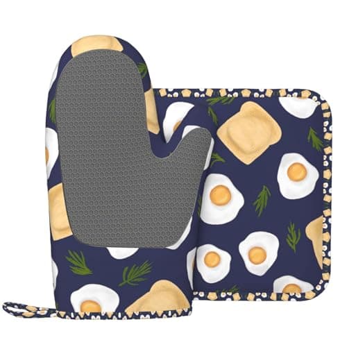 Indokyeyqaz Fried Egg Bread Vanilla Oven Mitts and Pot Holders Sets, Home Silicone Heat Resistant BBQ Gloves for Kitchen Baking Cooking Grilling Microwave