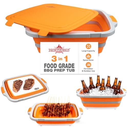 XUDAKAIXIN Collapsible BBQ Prep Tub for Meal Prep, Marinating,Food Storage, picnics, camping, barbecues,cutting fruits and vegetables - Includes Cutting Board and Locking Lid,(X-Large) Orange