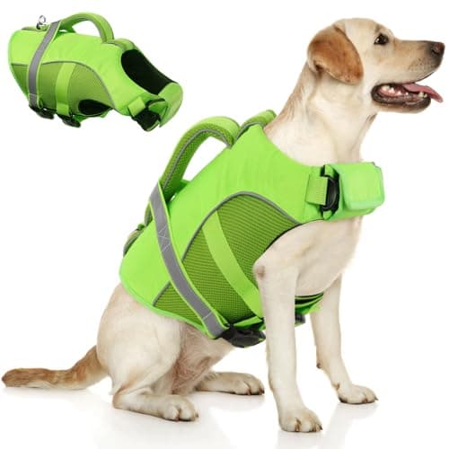 Queenmore Adjustable Ripstop Dog Life Vest for Swimming & Boating, Dog Lifesaver with Superior Buoyancy & Rescue Handle, Green, Small